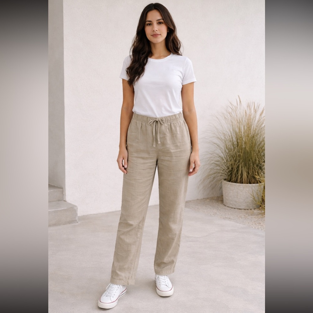 H&M Beige Drawstring Linen-Blend Pants